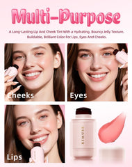 Utilisation 3-en-1 du KIMUSE Jelly Tint sur lèvres, joues et yeux.