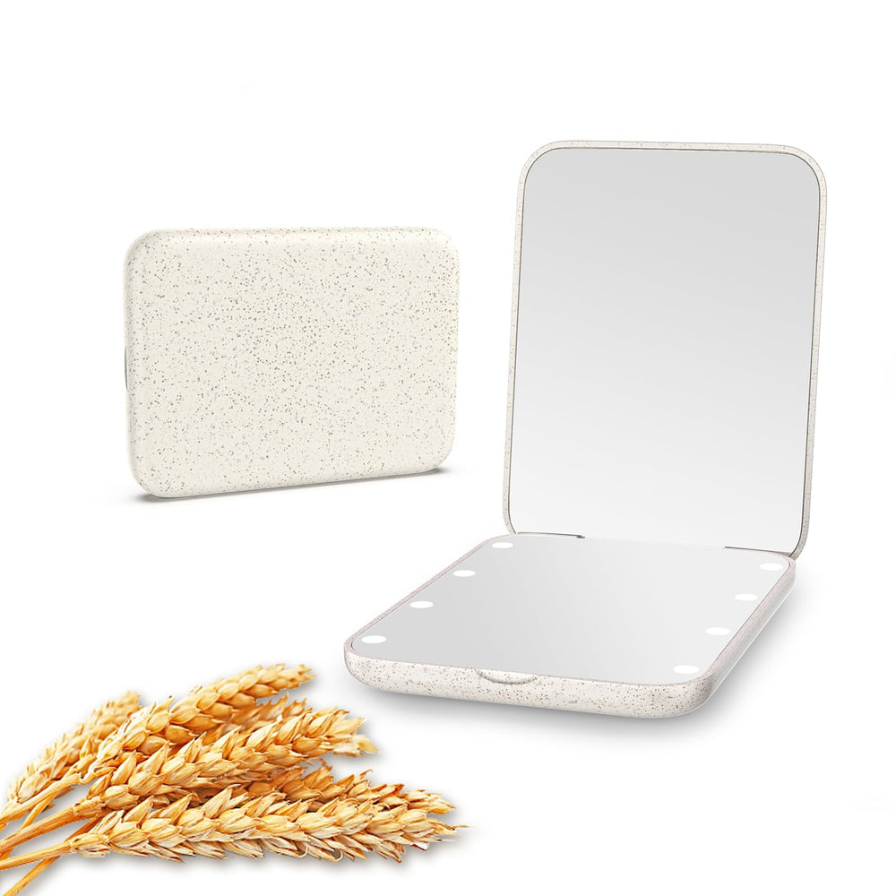 Miroir Kintion compact en paille de ble ouvert, parfait pour retouches rapides.