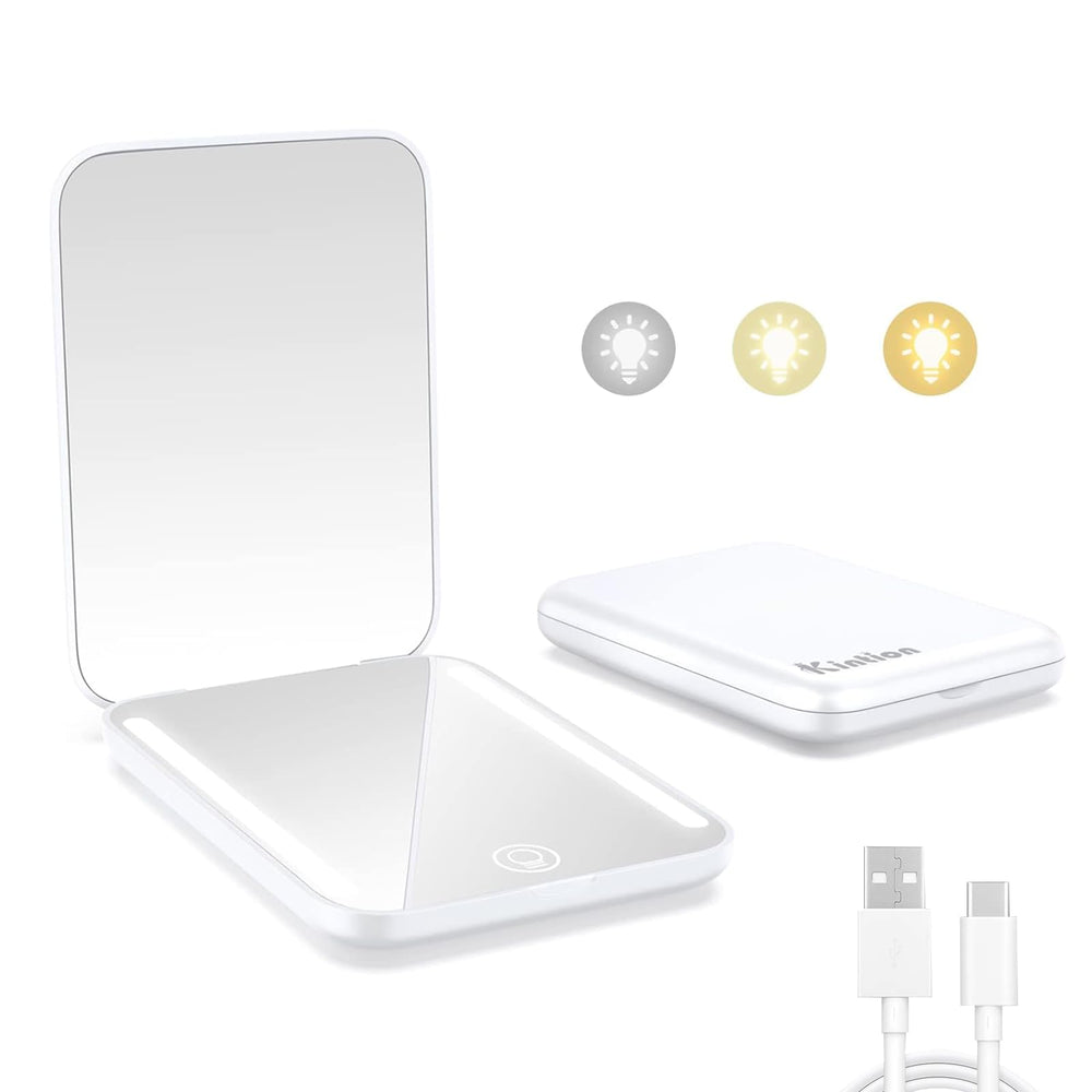 Miroir de poche Kintion double-face avec lumière, idéal pour maquillage rapide en déplacement.