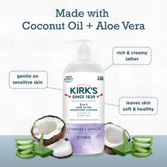 Kirk’s 3-en-1 ingrédients coco-aloe, formule hydratante et nourrissante.