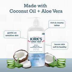 Kirk's coco Aloe, ingrédients clés pour hydratation naturelle.