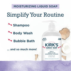 Kirk’s 3-en-1 senteur lavande-vanille, parfum doux pendant la douche.