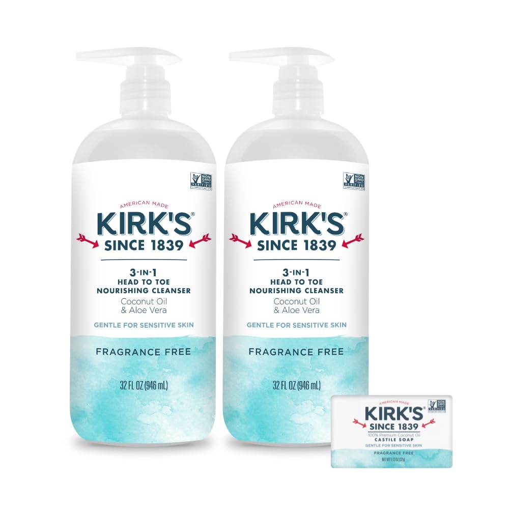 Kirk's 3-en-1 bouteille pompe 946 ml, soin tout-en-un pour peau et cheveux.