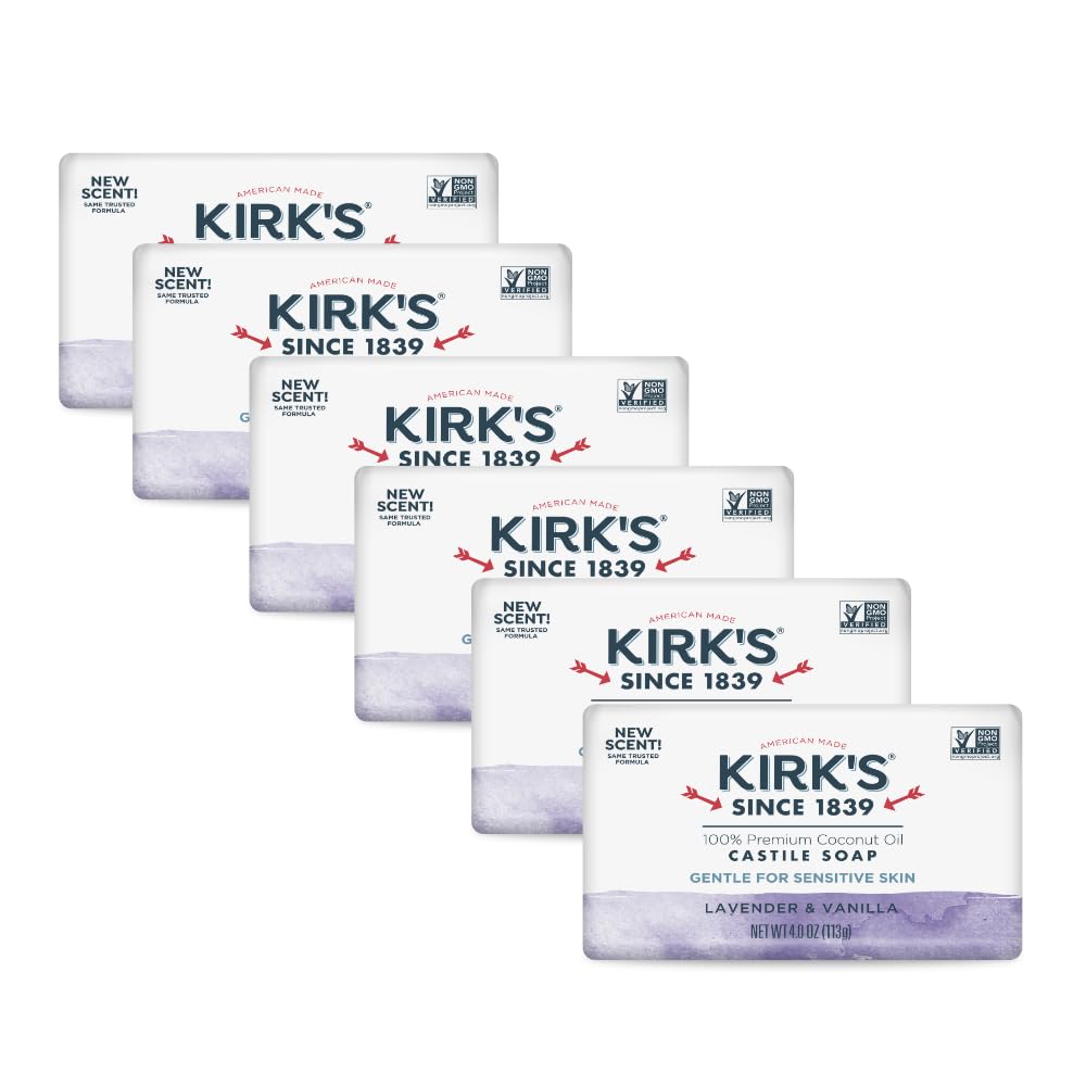 Kirk’s Castile Lavande et Vanille, savon en barre, douceur parfumée pour la peau sensible.