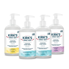 Kirk's Lavage Mains Hydratant avec pompe sur plan de travail, usage quotidien.