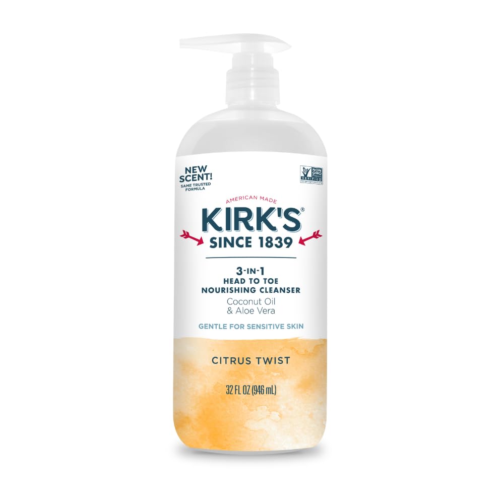Kirk's 3-en-1 nettoyant en flacon, nettoyage pratique pour cheveux et peau sensible.