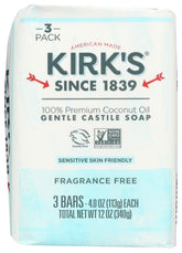 Kirk's Savon en barre sans parfum, lot de 3, emballage pratique.