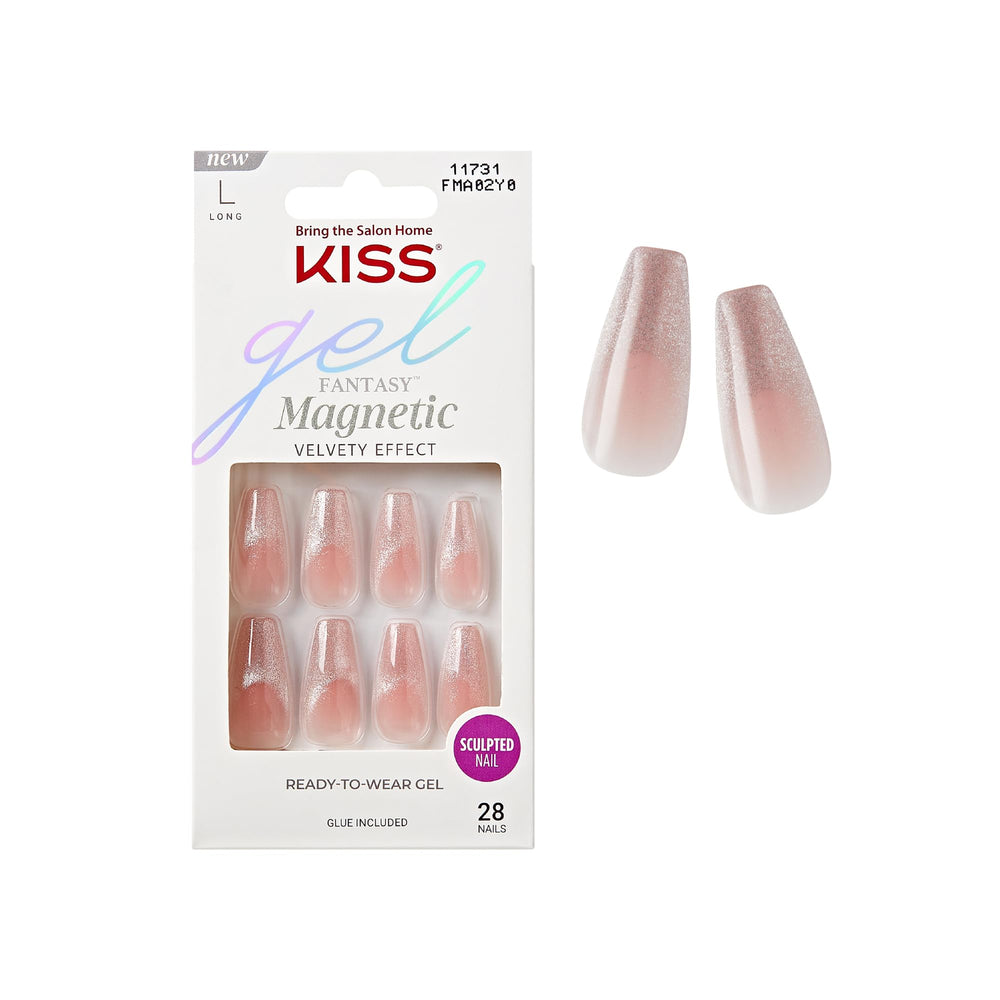 Ongles KISS Gel Fantasy forme cercueil longues, pour une manucure rapide et glamour.
