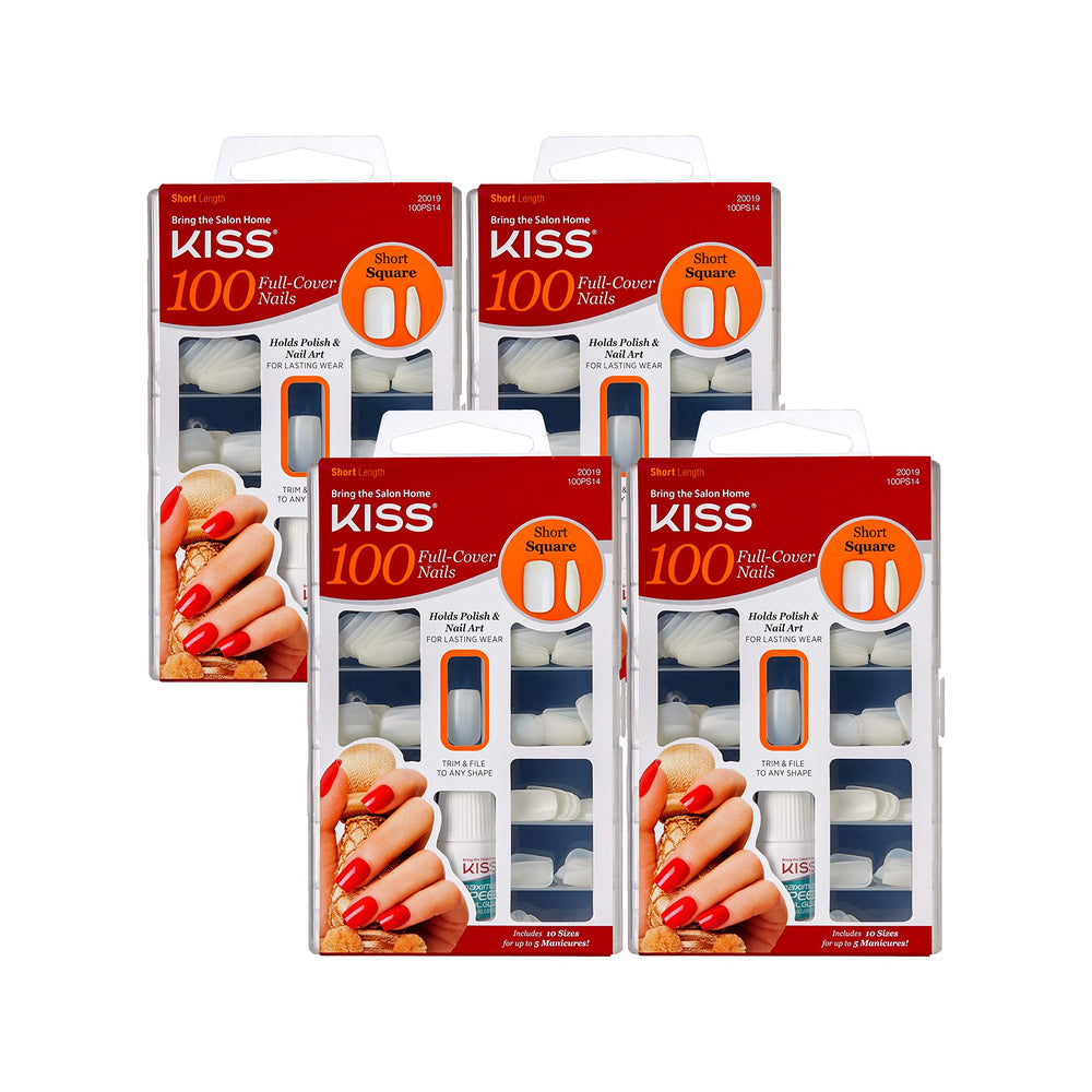 Ongles Kiss avec couverture complète et forme carré court pour un look naturel.
