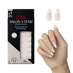 KISS Salon X-tend: ongles beige longs forme cercueil, allure naturelle.