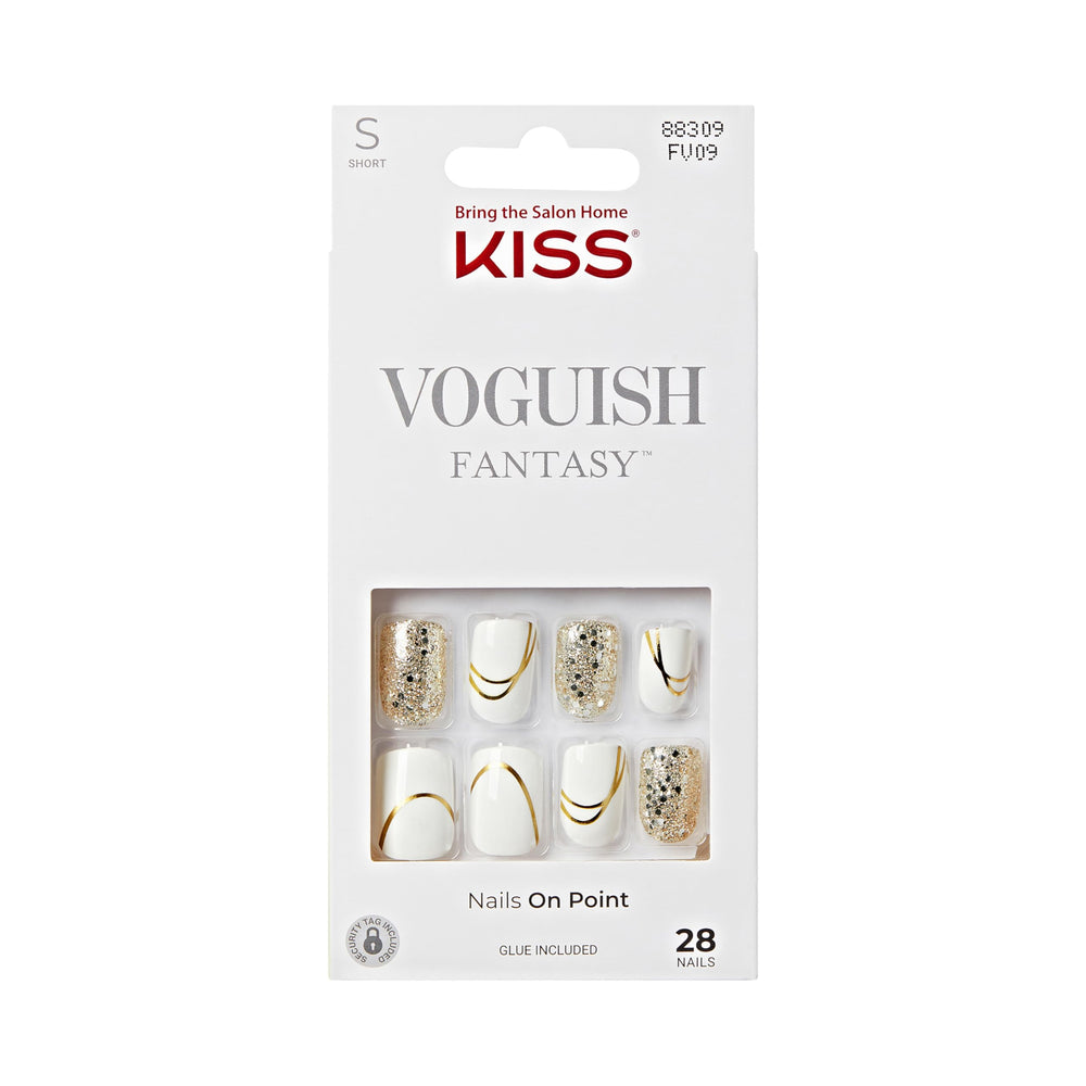 KISS Voguish Fantasy: ongles préfabriqués blancs courts squoval, application rapide.