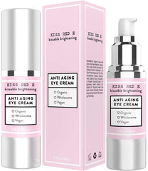KissRedE Crème Yeux anti âge, bouteille airless argentée prête pour hydrater la peau délicate autour des yeux.
