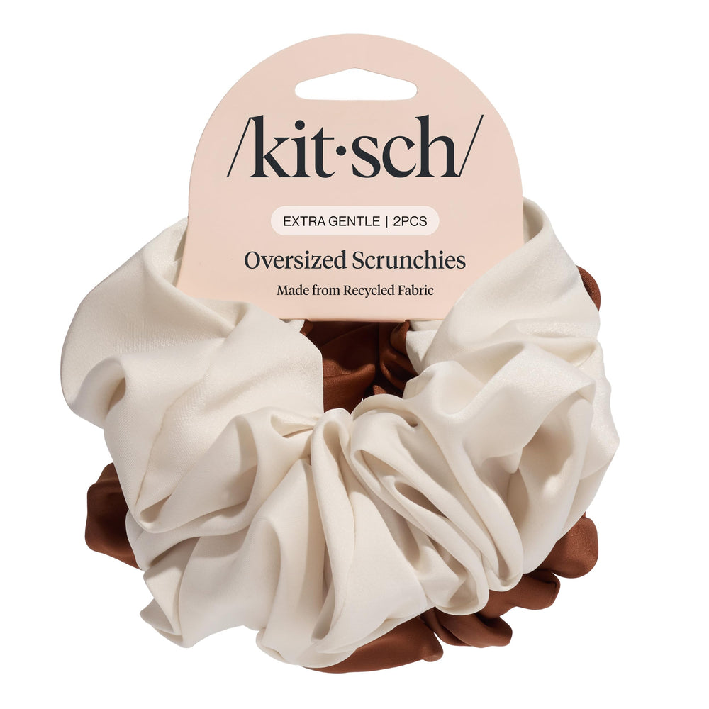 Chouchou Kitsch satin recyclé camel et crème ensemble élégant pour cheveux