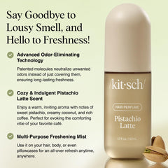 Kitsch Hair Perfume Pistache Latte, emballage compact et recyclable pour une fraîcheur nomade.