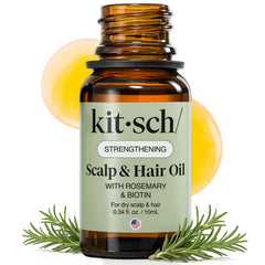 Kitsch huile romarin bouteille sur fond clair, soin nourrissant pour le cuir chevelu