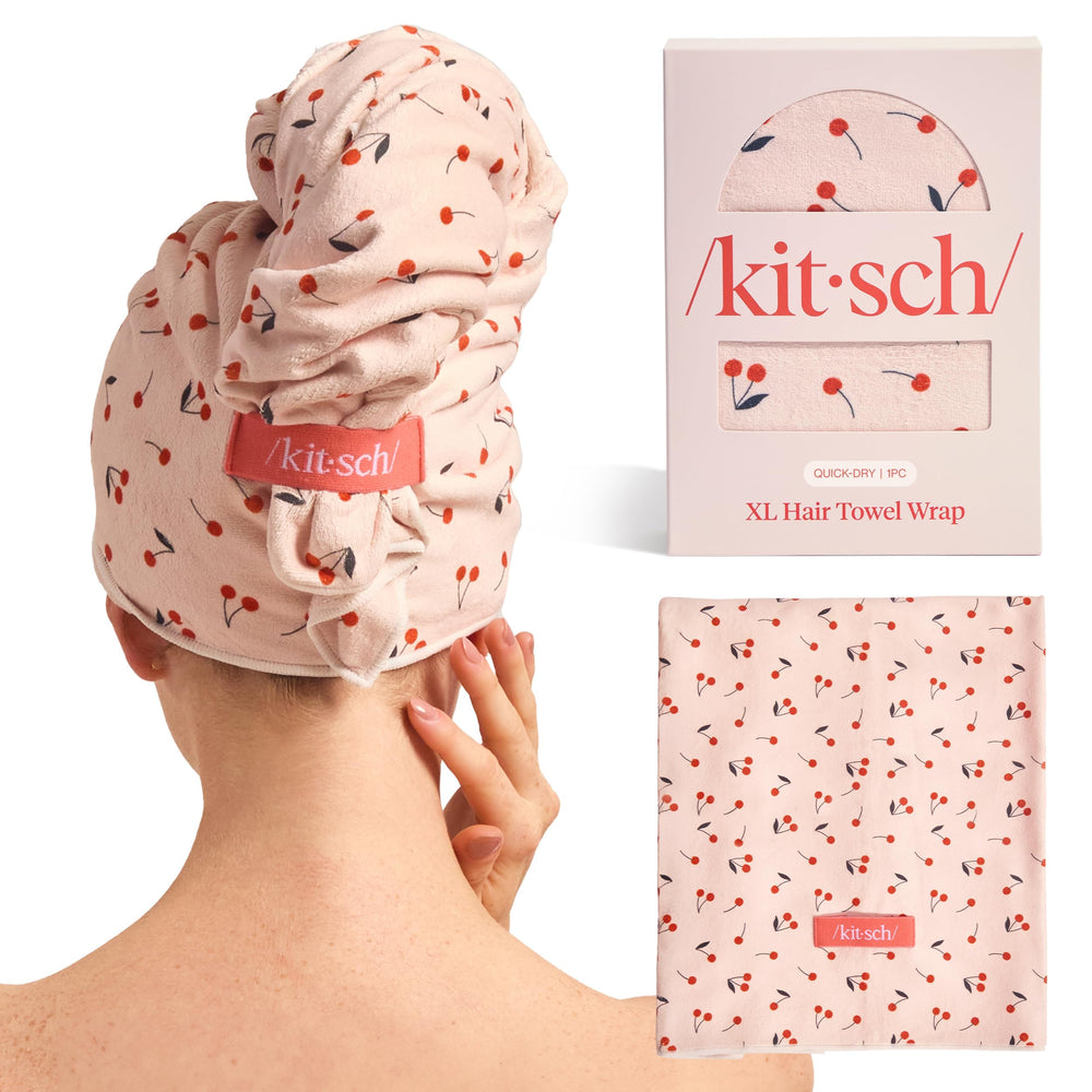 Kitsch XL serviette cheveux microfibre impression cerise pour séchage rapide.