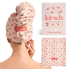 Kitsch XL serviette cheveux microfibre impression cerise pour séchage rapide.