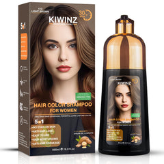 Kiwinz Professional hair color shampoo bottle cap close-up shows ammonia-free color for grey roots