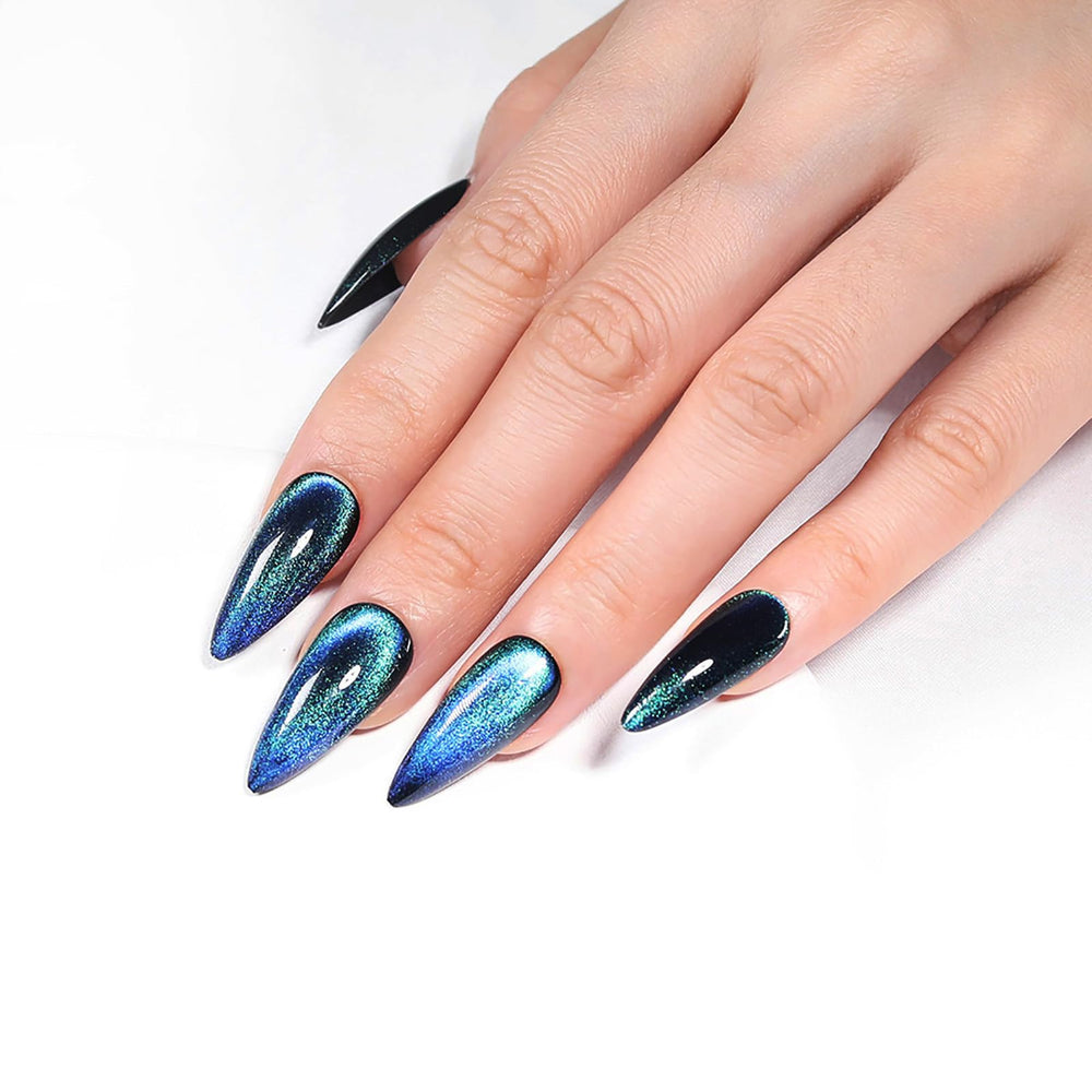 KKUUOO onglets adhésifs stiletto bleu espace profond, effet oeil-de-chat velours, glamour rapide