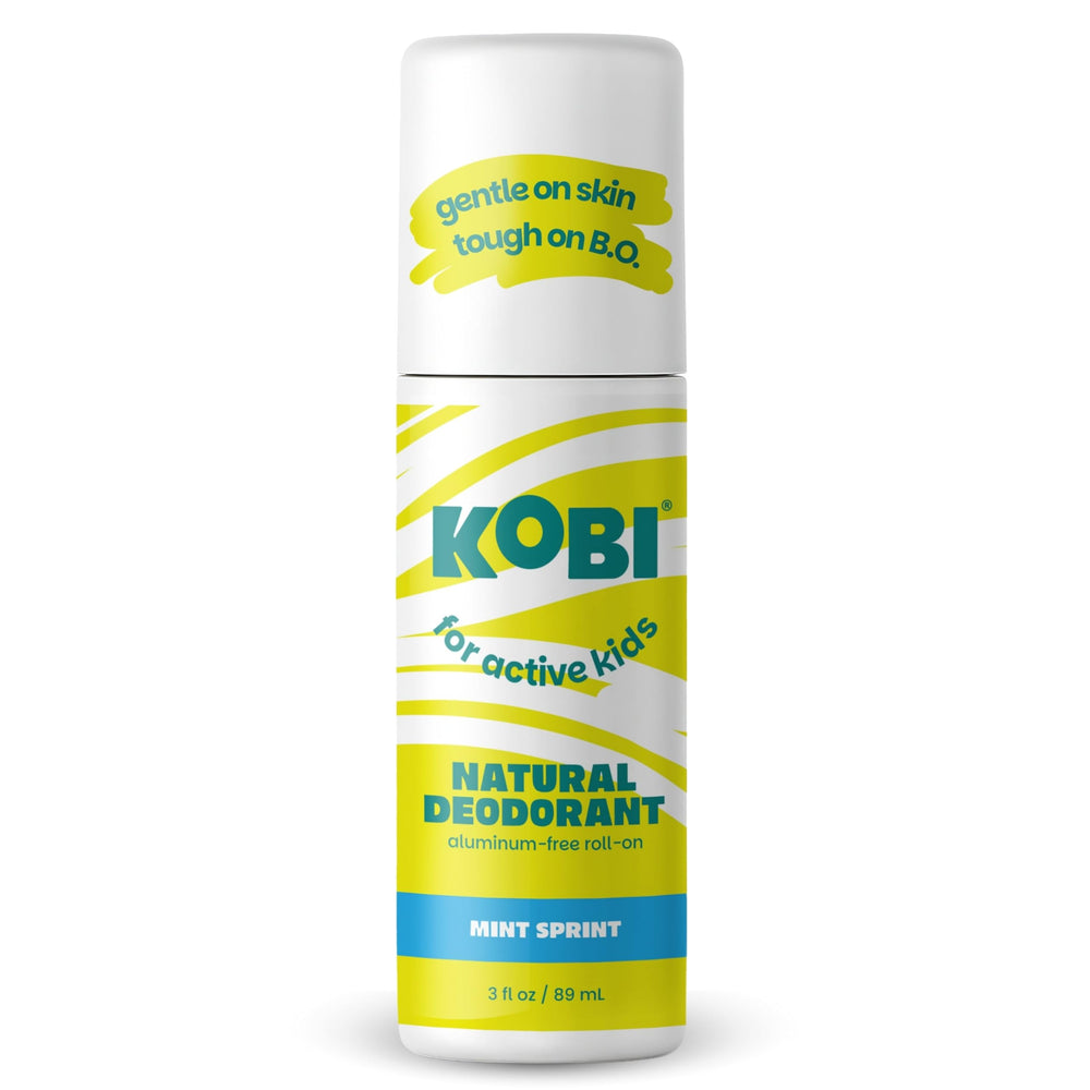 Kobi Déodorant pour enfants actifs, roll-on transparent, menthe sprint, protection durable.