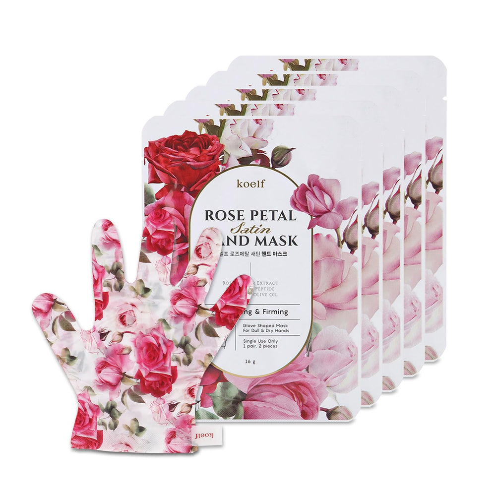 Koelf PETITFEE Rose Petal Satin masque pour les mains — boîte, hydratation durable.