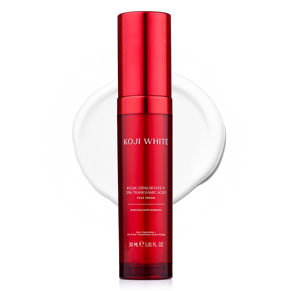 Koji White serum bottle pour shows a clean fragrance-free formula for sensitive skin.