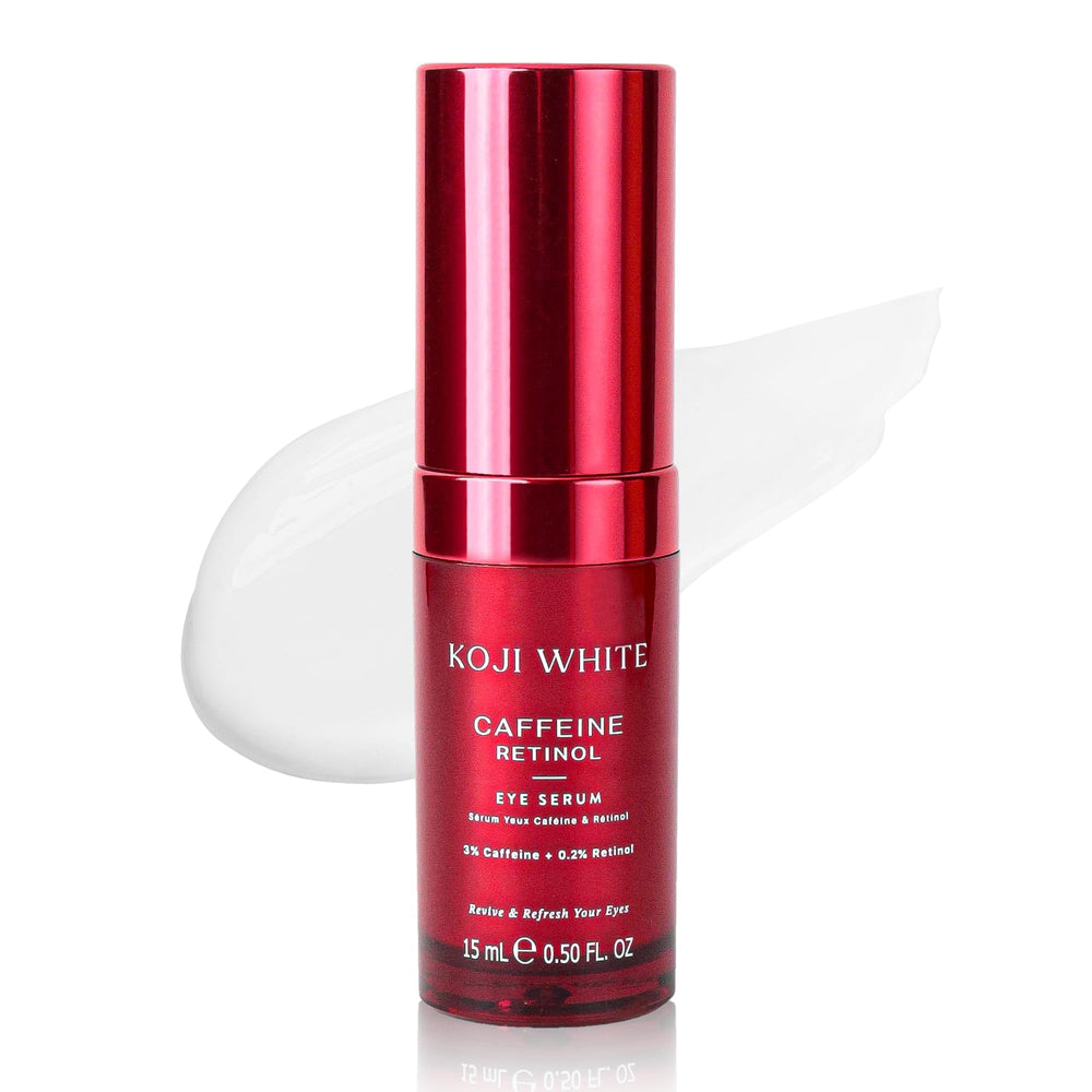 Koji White Sérum Yeux: flacon caféine 3% pour atténuer les poches autour des yeux.