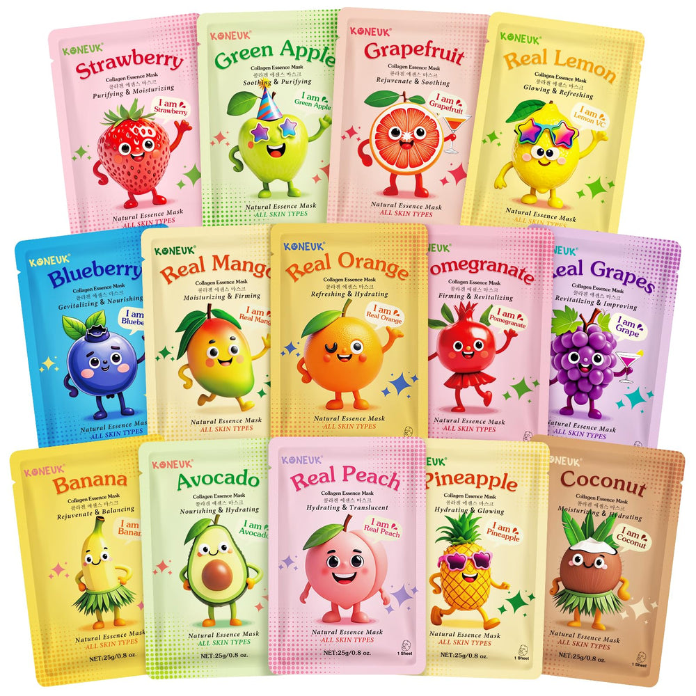 KONEUK : assortiment de 14 masques fruits pour hydratation du visage.