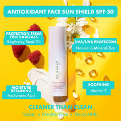 Kopari Antioxidant Face Shield SPF 30, texture légère, fini éclatant et hydratant.