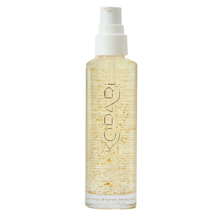 Kopari huile-corps doree 24k, flacon élégant prêt à hydrater la peau.