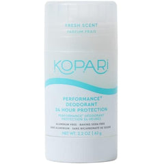 Kopari Performance Plus deodorant bottle showing a clear aluminum-free formula for sensitive underarms