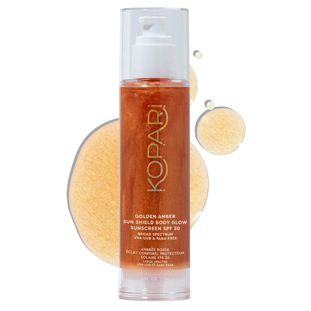 Kopari Sun Shield Body Glow, bouteille gel lumineux pour un éclat doré.