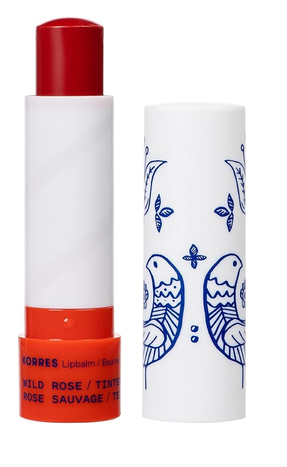 KORRES Baume lèvres Rose Sauvage dans son emballage élégant prêt pour usage en déplacement.