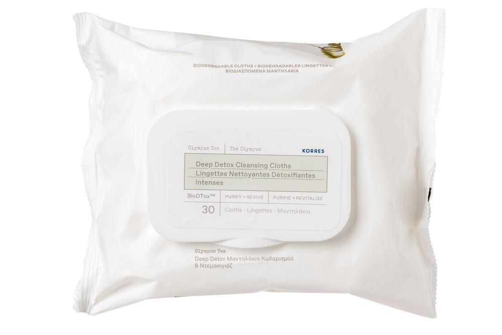Lingettes detox Olympus Tea de KORRES purifient la peau et revitalisent en déplacement.