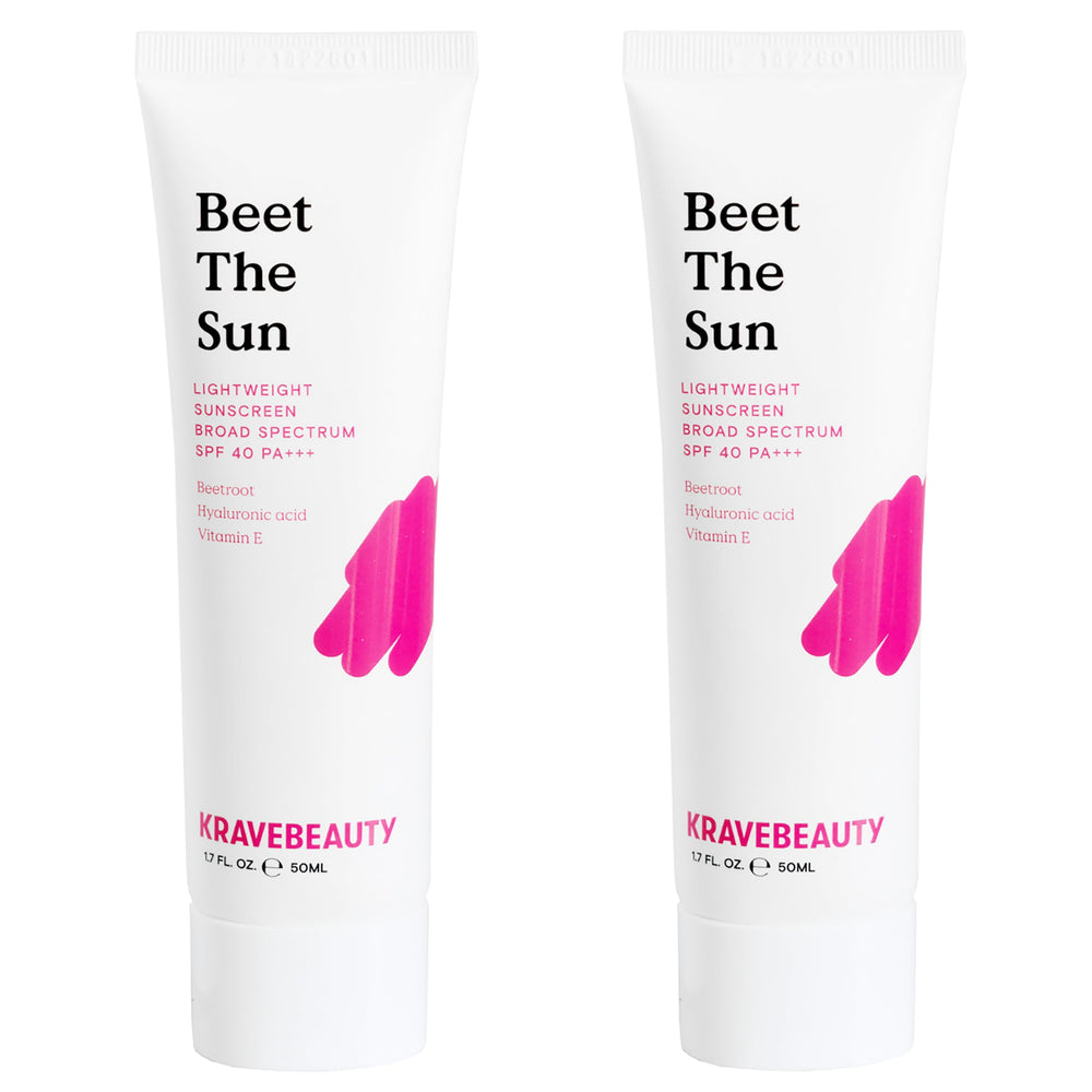 KraveBeauty Beet The Sun SPF40 Duo – deux bouteilles pratiques pour une protection quotidienne.