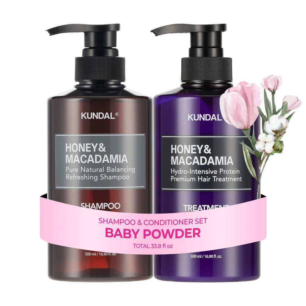 KUNDAL ensemble shampooing et après-shampooing Poudre de Bébé, pratique pour routine capillaire quotidienne.