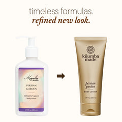 Lotion corps Jardin Persan: texture légère, absorption rapide et peau satinée.
