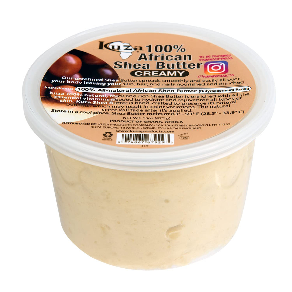 Kuza Beurre Karité Borututu, pot crème blanche, hydratation durable pour peau et cheveux.