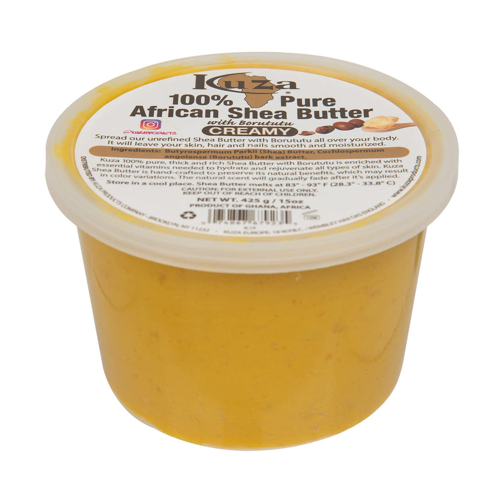 Kuza Beurre Karité Borututu – pot crème jaune, parfaite hydratation quotidienne de la peau.