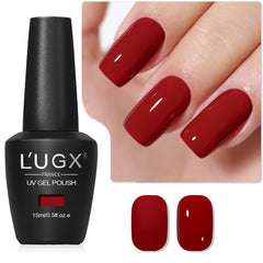 Vernis gel rouge L'UGX Noël cerise 15ml sur ongle prêt pour les fêtes.