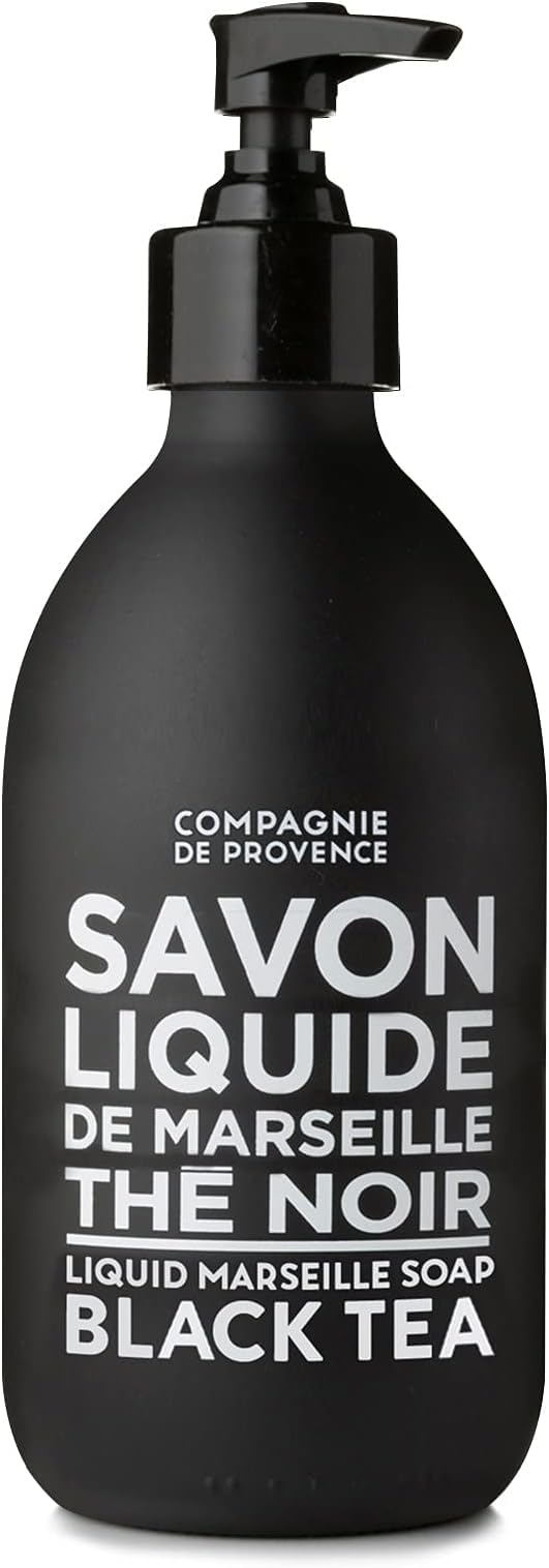 La Compagnie de Provence Savon liquide noir thé, bouteille en verre et hydratation douce.