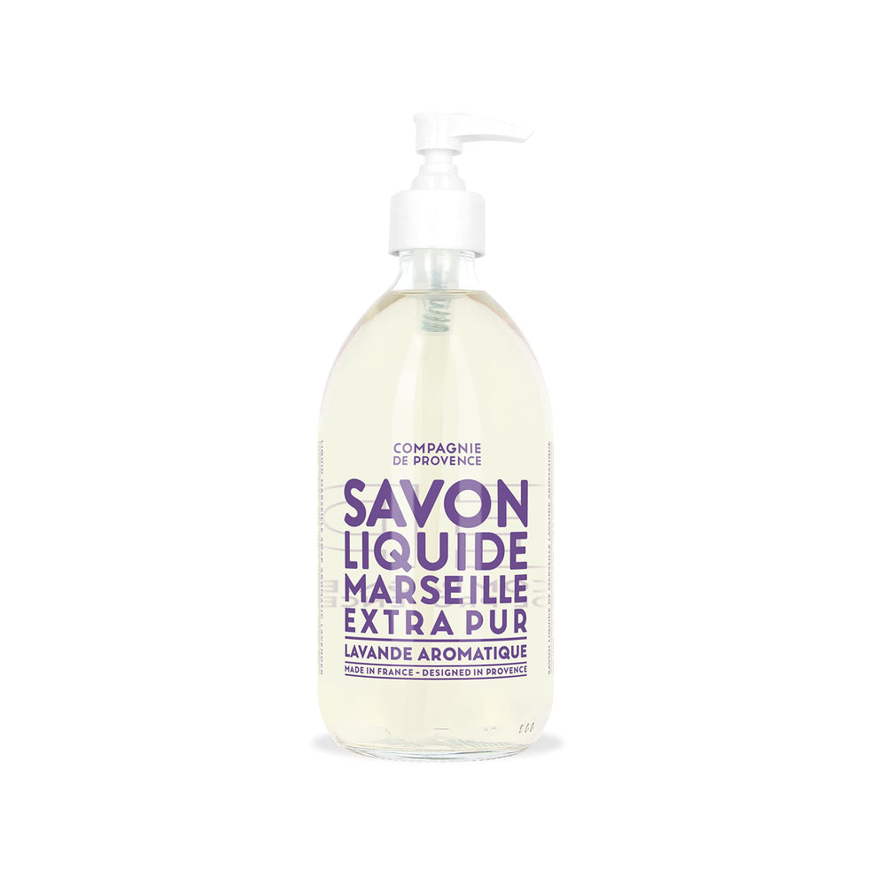 Savon Lavande Extra Pure de La Compagnie de Provence, flacon pompe en verre, douceur et parfum relaxant.
