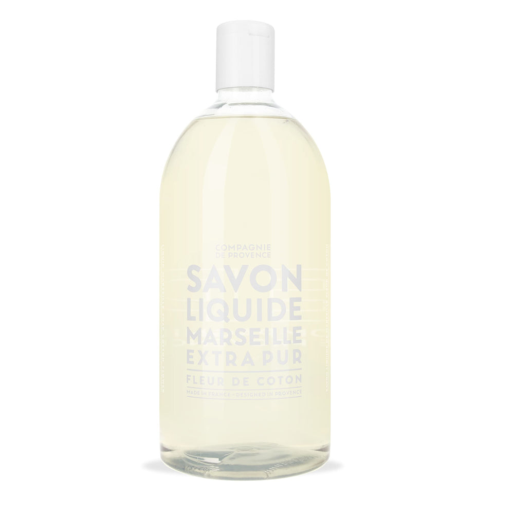 Savon liquide Extra Pur La Compagnie de Provence, fleur coton, bouteille recharge pratique.