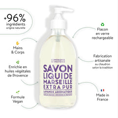 Savon Marseille Authentique de La Compagnie de Provence, formulation liquide pour mains propres.