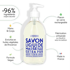 Savon liquide parfum Mer Méditerranée, flacon clair avec pompe, ambiance fraîche et marine.