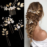 La Jolie Jasmin broche cheveux dorée avec feuille et perles, élégance nuptiale assurée