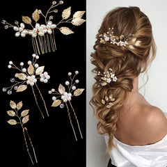 La Jolie Jasmin broche cheveux dorée avec feuille et perles, élégance nuptiale assurée