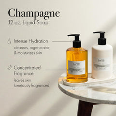 Savon liquide Champagne de LAFCO New York, pompe pratique et mousse généreuse.
