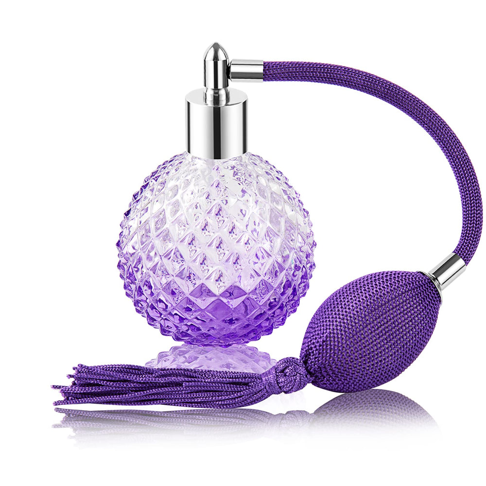 Lamoutor flacon parfum vintage violet avec frange longue, allure élégante pour routine parfum.