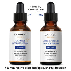 Sérum Lanmeri Ceuticals Vitamine E et Acide férulique 1%/0,5% sur fond neutre.